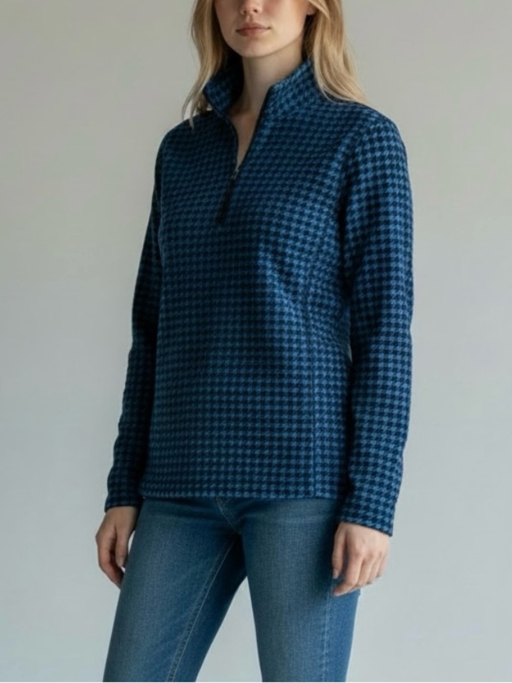 Lands' End Blue Houndstooth Fleece Quarter Zip Pullover Sweatshirt Size M(10-12)